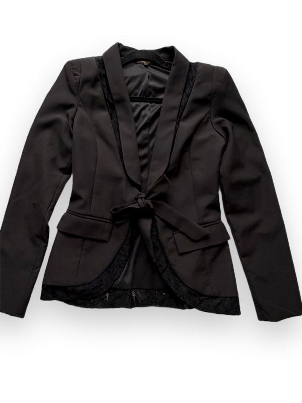 Valiant Black Lace-Trim Tie-Front Blazer